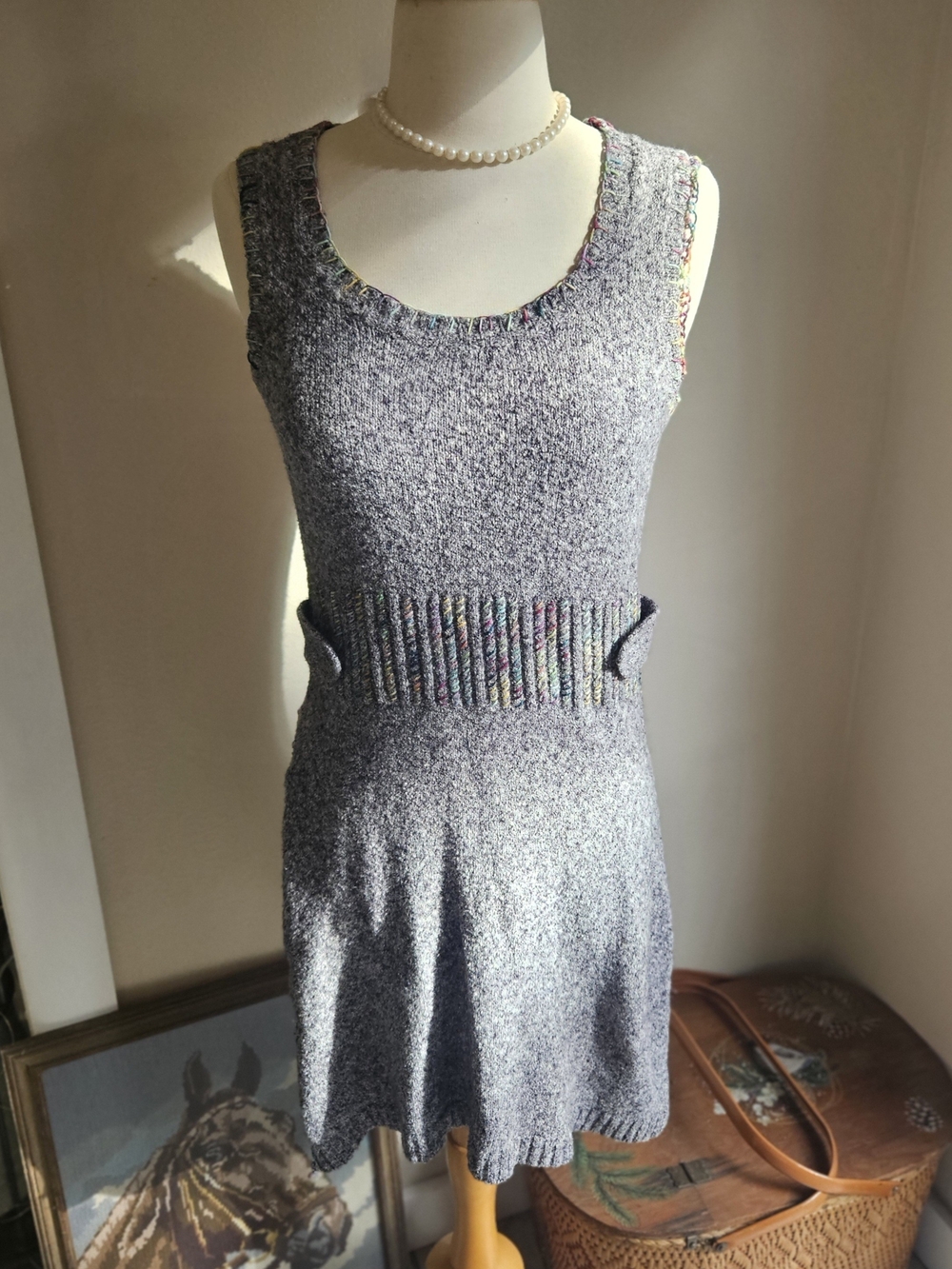 Sleeveless Gray Sweater Dress with Hand Embroidered Multicolor Trim